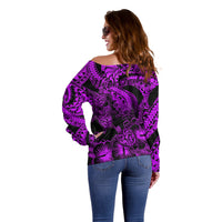 Personalised Polynesian Off Shoulder Sweater Tribal Honu Turtle with Hibiscus Purple Version - Wonder Print Shop