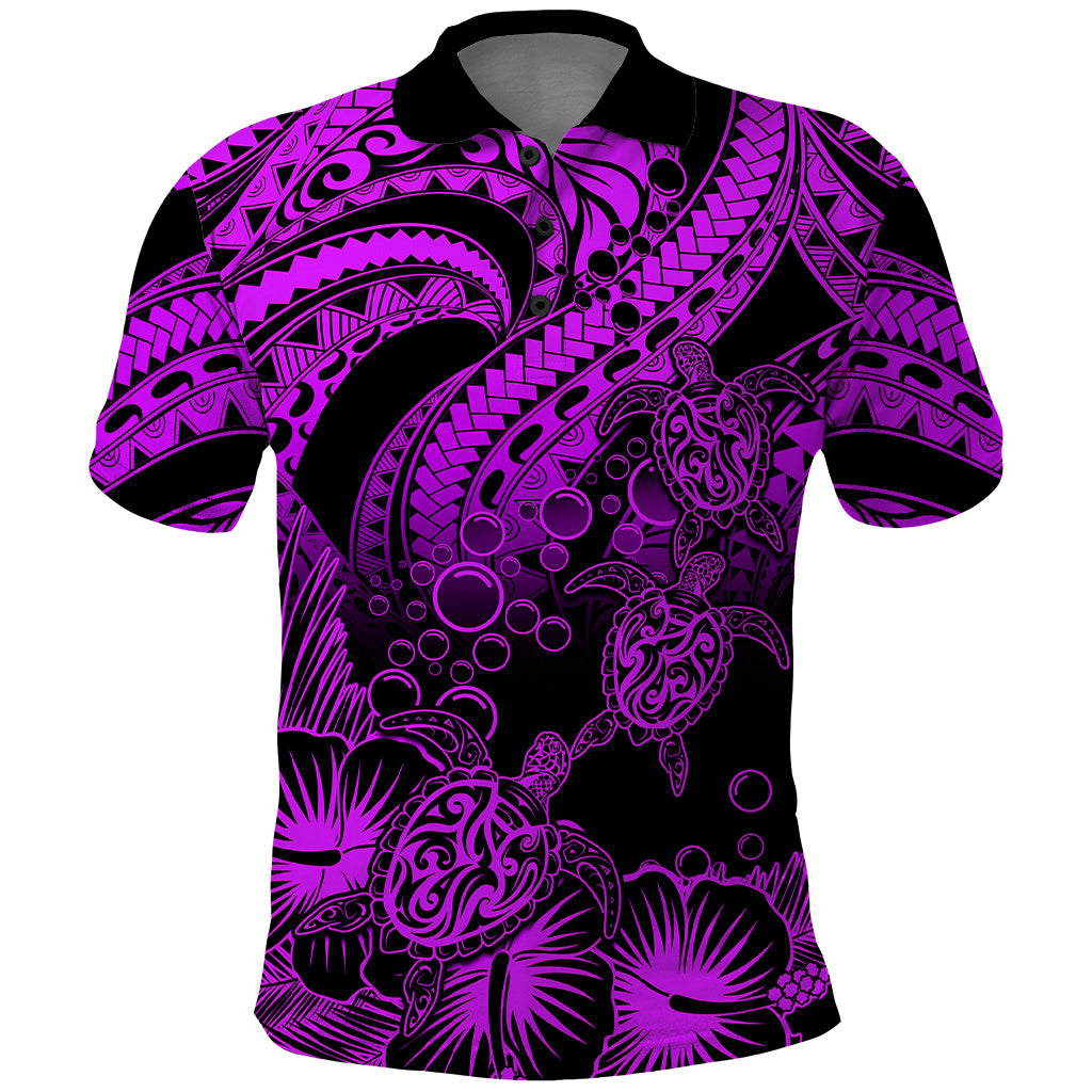 Custom Polynesian Polo Shirt Tribal Honu Turtle with Hibiscus Purple Version - Wonder Print Shop