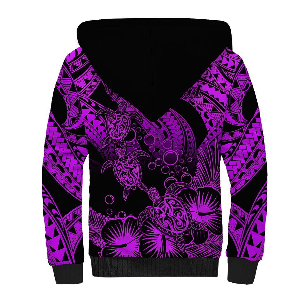 Personalised Polynesian Sherpa Hoodie Tribal Honu Turtle with Hibiscus Purple Version - Wonder Print Shop