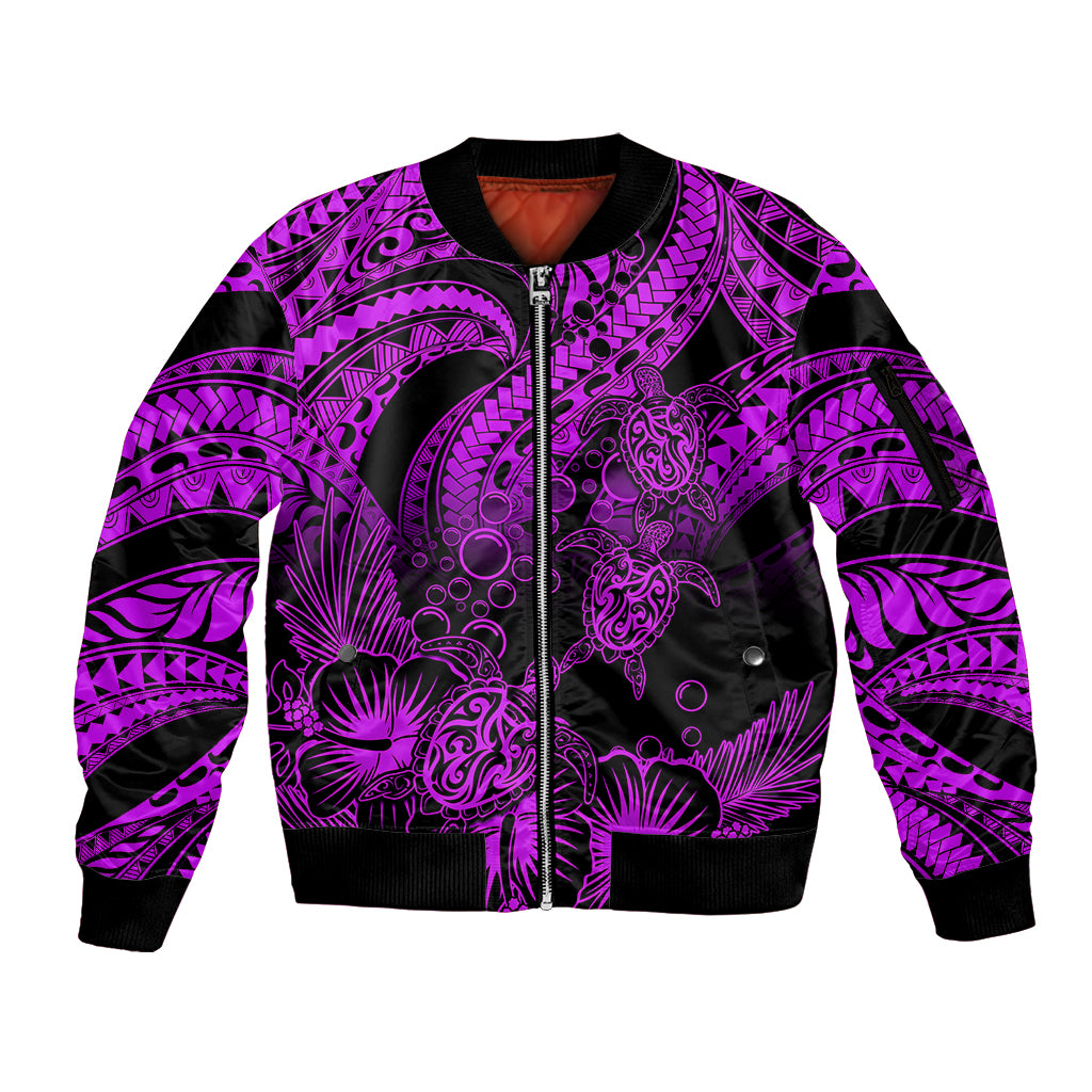 Personalised Polynesian Sleeve Zip Bomber Jacket Tribal Honu Turtle with Hibiscus Purple Version - Wonder Print Shop