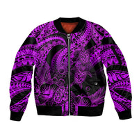 Personalised Polynesian Sleeve Zip Bomber Jacket Tribal Honu Turtle with Hibiscus Purple Version - Wonder Print Shop