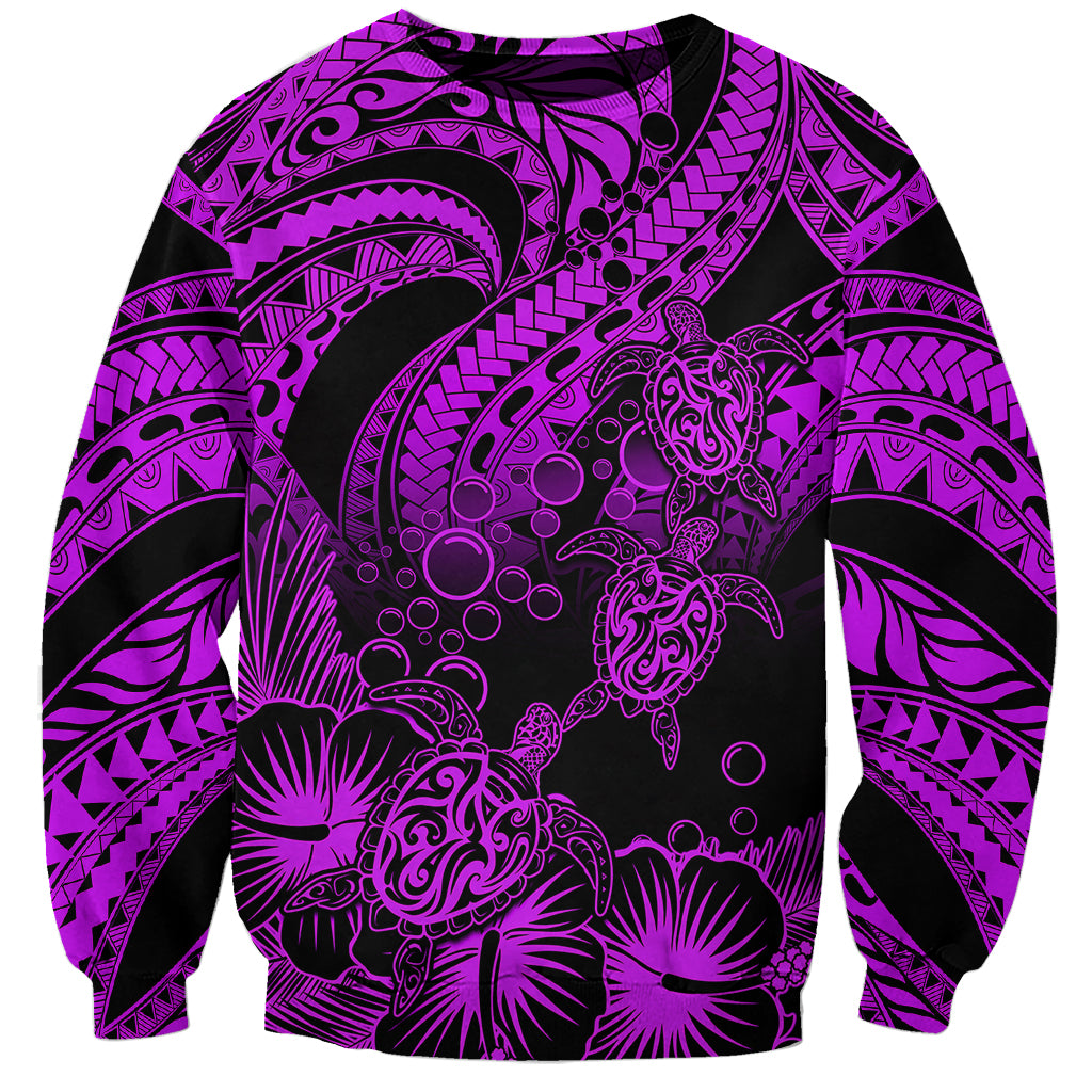 Personalised Polynesian Sweatshirt Tribal Honu Turtle with Hibiscus Purple Version - Wonder Print Shop