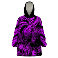 Personalised Polynesian Wearable Blanket Hoodie Tribal Honu Turtle with Hibiscus Purple Version - Wonder Print Shop