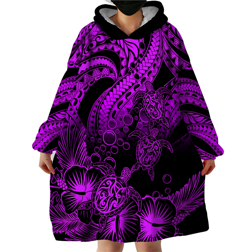 Personalised Polynesian Wearable Blanket Hoodie Tribal Honu Turtle with Hibiscus Purple Version - Wonder Print Shop