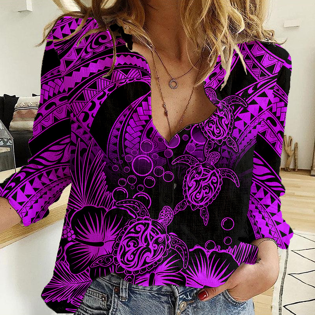 Personalised Polynesian Women Casual Shirt Tribal Honu Turtle with Hibiscus Purple Version - Wonder Print Shop
