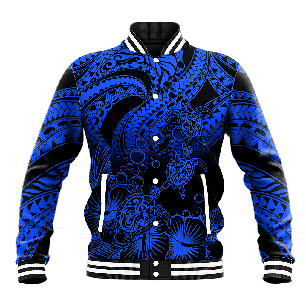 Personalised Polynesian Baseball Jacket Tribal Honu Turtle with Hibiscus Blue Version - Wonder Print Shop