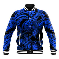 Personalised Polynesian Baseball Jacket Tribal Honu Turtle with Hibiscus Blue Version - Wonder Print Shop