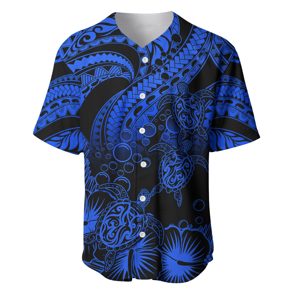 Personalised Polynesian Baseball Jersey Tribal Honu Turtle with Hibiscus Blue Version - Wonder Print Shop