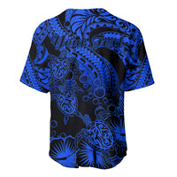 Personalised Polynesian Baseball Jersey Tribal Honu Turtle with Hibiscus Blue Version - Wonder Print Shop