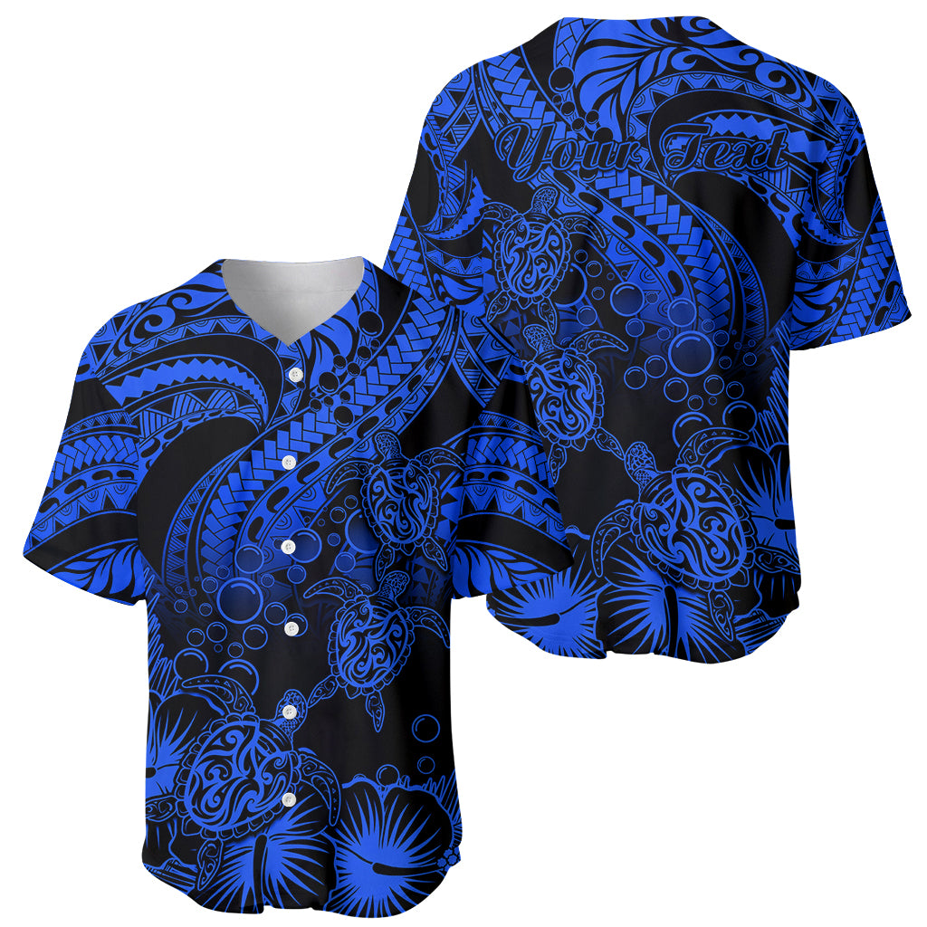 Personalised Polynesian Baseball Jersey Tribal Honu Turtle with Hibiscus Blue Version - Wonder Print Shop