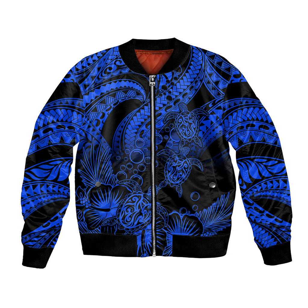 Personalised Polynesian Bomber Jacket Tribal Honu Turtle with Hibiscus Blue Version - Wonder Print Shop