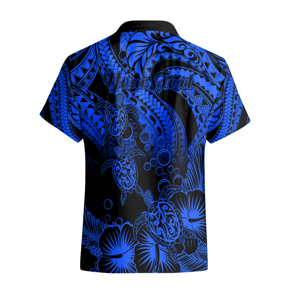 Personalised Polynesian Hawaiian Shirt Tribal Honu Turtle with Hibiscus Blue Version - Wonder Print Shop