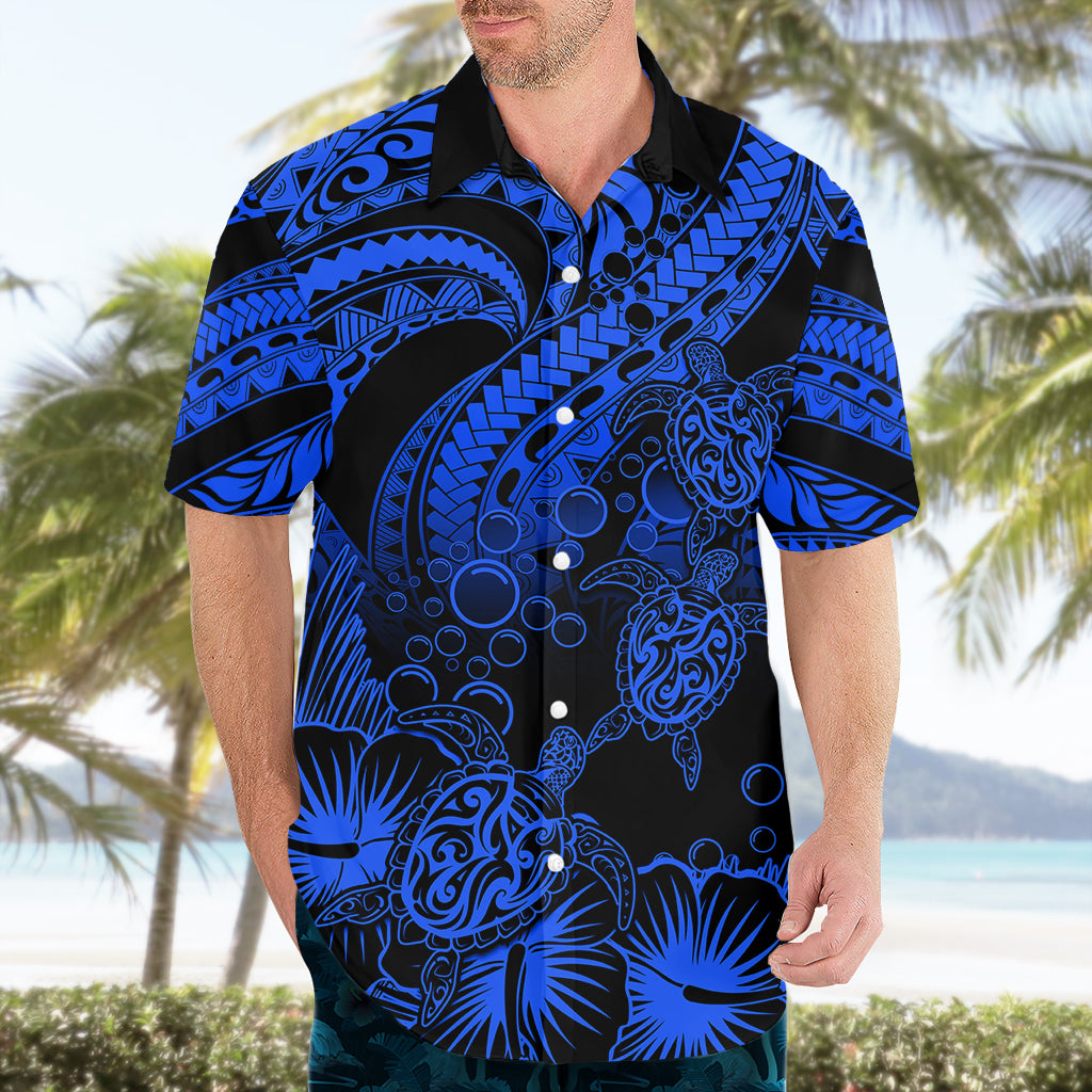 Personalised Polynesian Hawaiian Shirt Tribal Honu Turtle with Hibiscus Blue Version - Wonder Print Shop