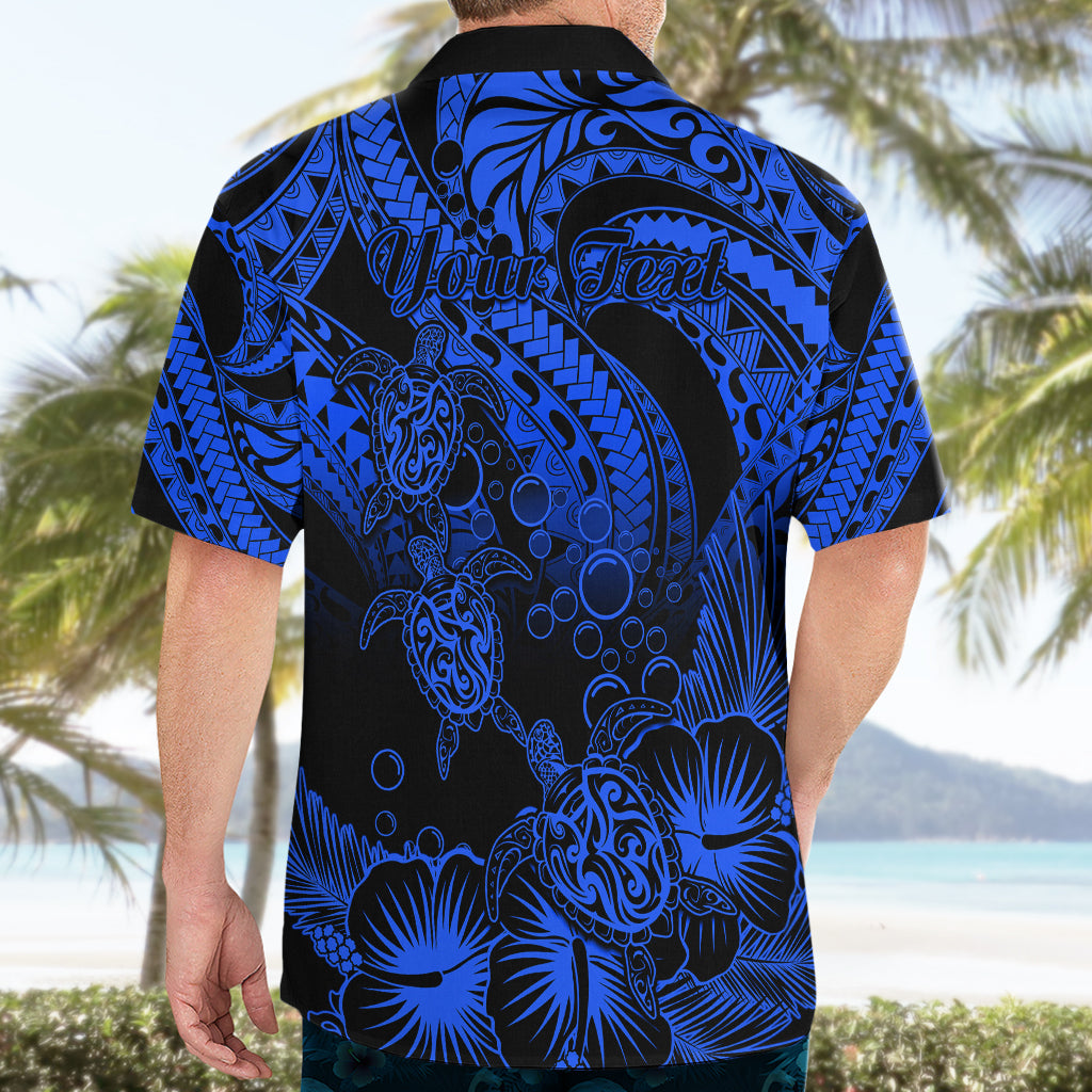 Personalised Polynesian Hawaiian Shirt Tribal Honu Turtle with Hibiscus Blue Version - Wonder Print Shop