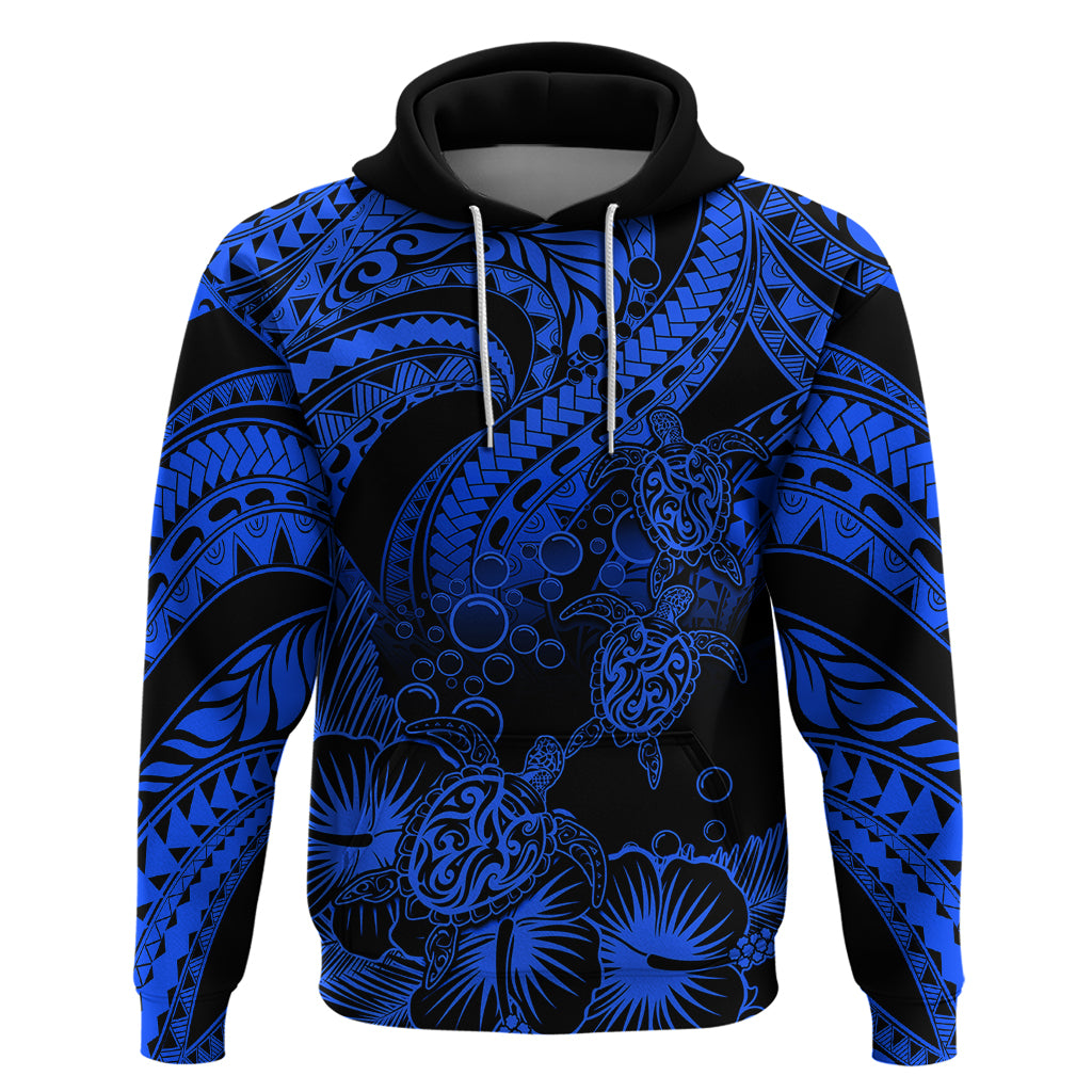 Custom Polynesian Hoodie Tribal Honu Turtle with Hibiscus Blue Version - Wonder Print Shop
