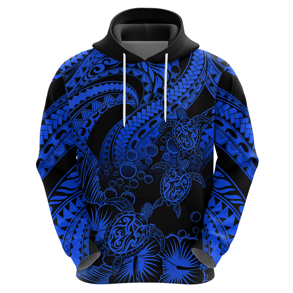 Custom Polynesian Hoodie Tribal Honu Turtle with Hibiscus Blue Version - Wonder Print Shop