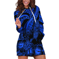 Personalised Polynesian Hoodie Dress Tribal Honu Turtle with Hibiscus Blue Version - Wonder Print Shop