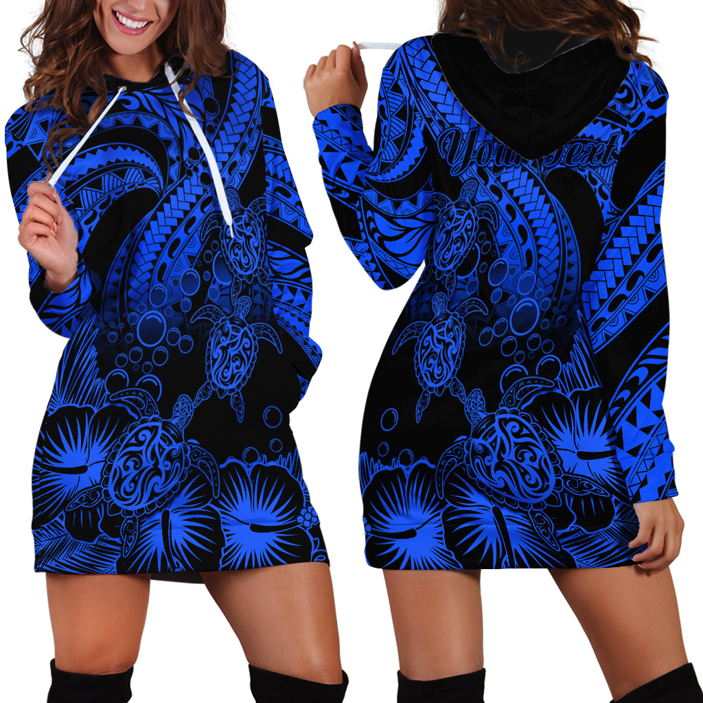 Personalised Polynesian Hoodie Dress Tribal Honu Turtle with Hibiscus Blue Version - Wonder Print Shop