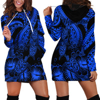 Personalised Polynesian Hoodie Dress Tribal Honu Turtle with Hibiscus Blue Version - Wonder Print Shop