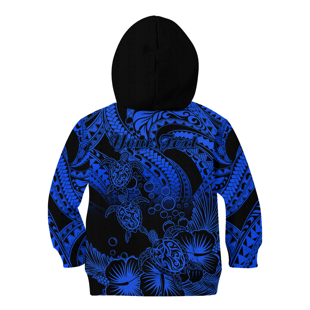 Personalised Polynesian Kid Hoodie Tribal Honu Turtle with Hibiscus Blue Version - Wonder Print Shop