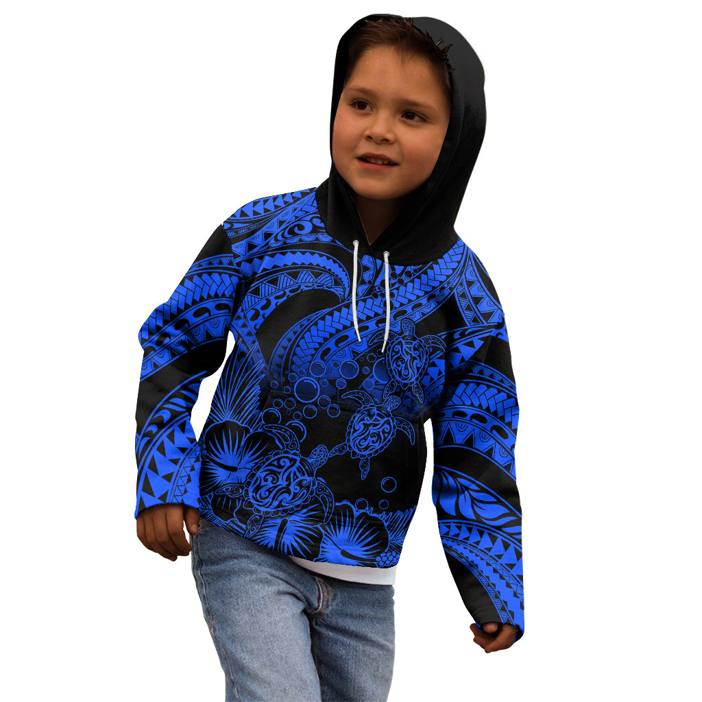 Personalised Polynesian Kid Hoodie Tribal Honu Turtle with Hibiscus Blue Version - Wonder Print Shop