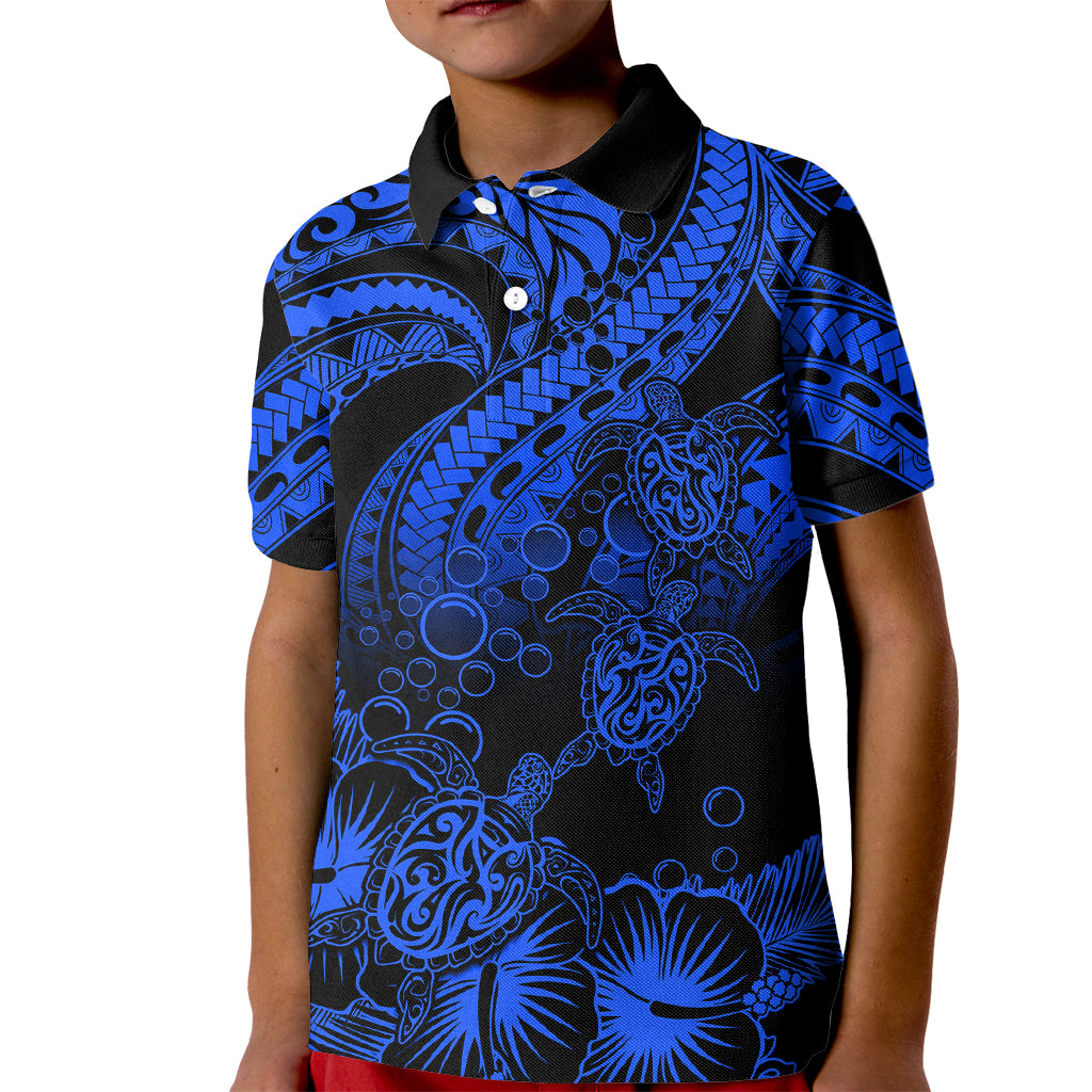 Custom Polynesian Polo Shirt for Kid Tribal Honu Turtle with Hibiscus Blue Version - Wonder Print Shop