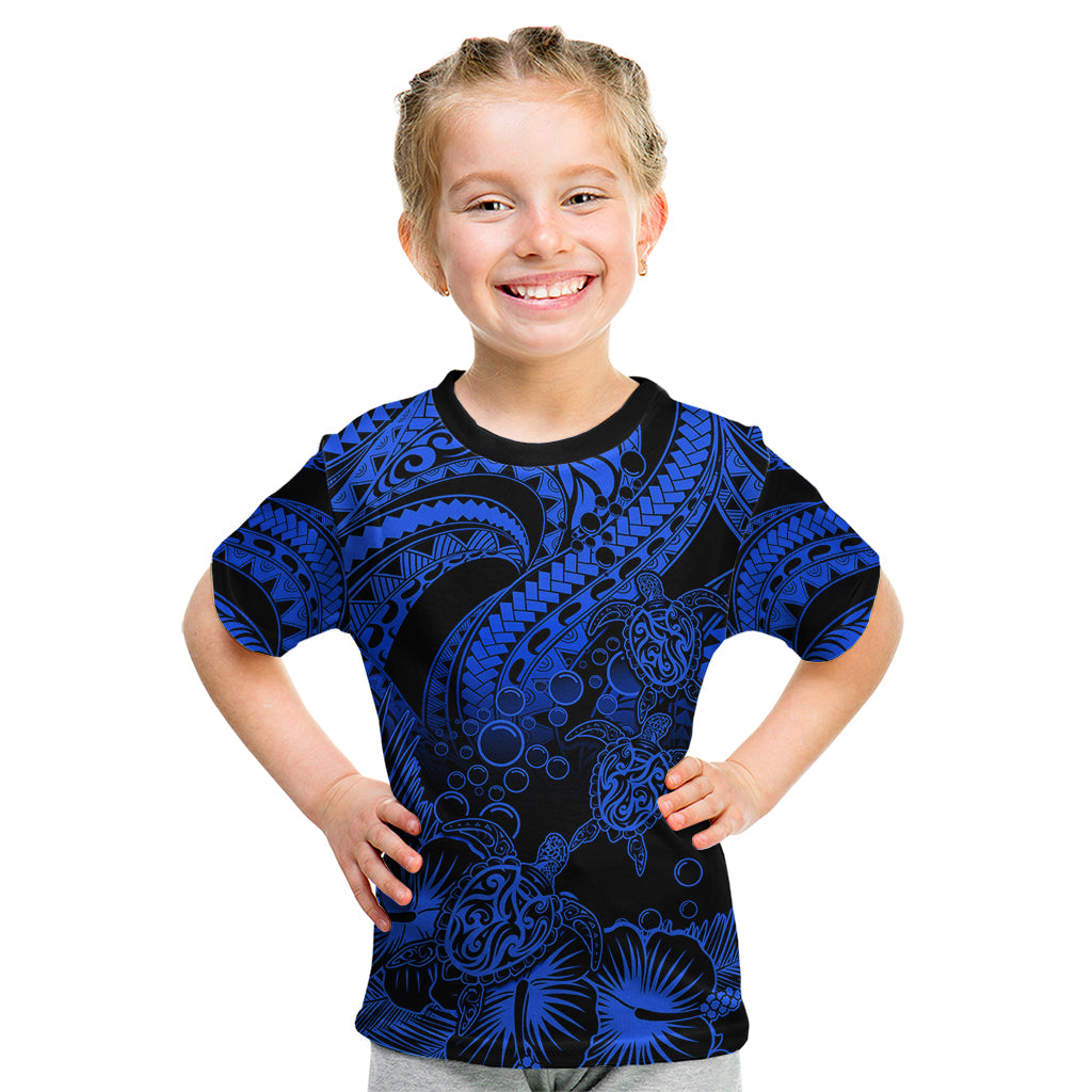 Personalised Polynesian Kid T Shirt Tribal Honu Turtle with Hibiscus Blue Version - Wonder Print Shop