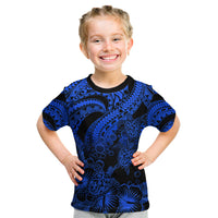Personalised Polynesian Kid T Shirt Tribal Honu Turtle with Hibiscus Blue Version - Wonder Print Shop