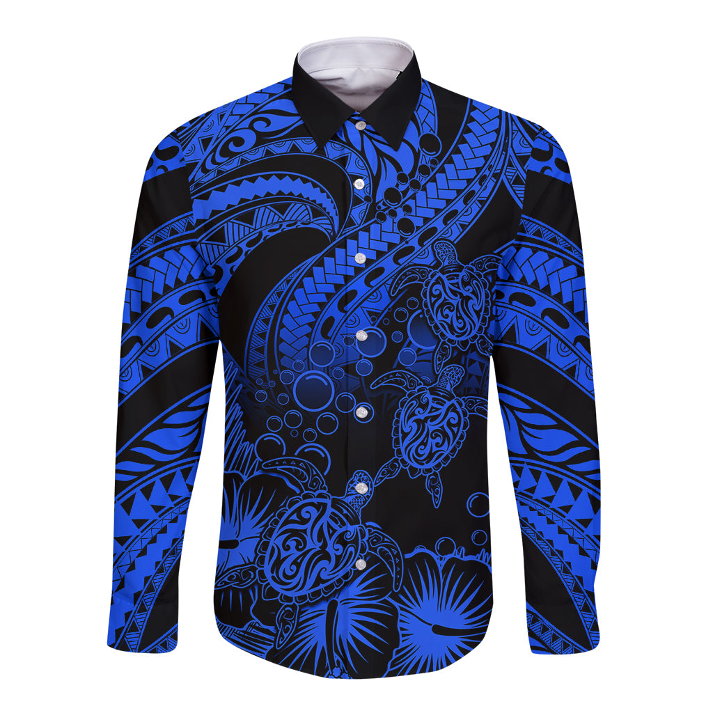 Personalised Polynesian Long Sleeve Button Shirt Tribal Honu Turtle with Hibiscus Blue Version - Wonder Print Shop