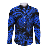 Personalised Polynesian Long Sleeve Button Shirt Tribal Honu Turtle with Hibiscus Blue Version - Wonder Print Shop