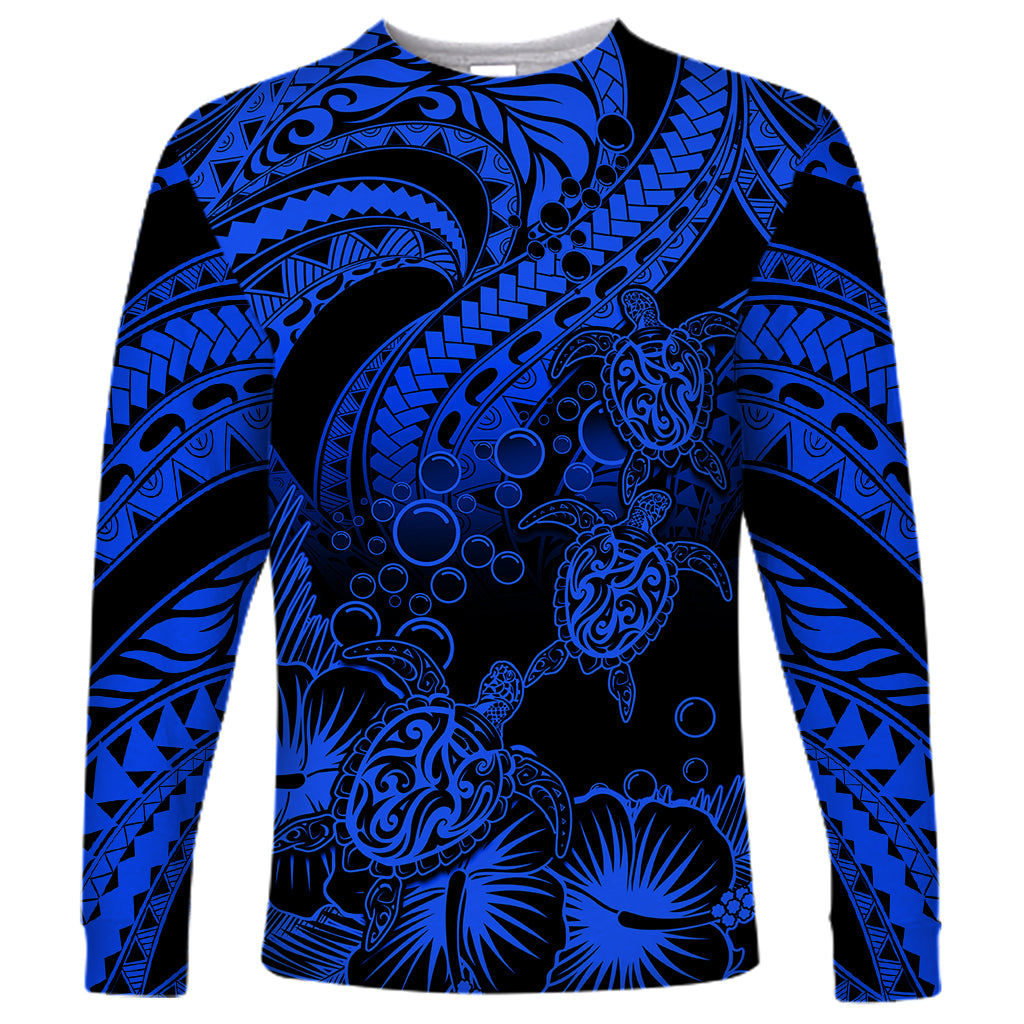 Personalised Polynesian Long Sleeve Shirt Tribal Honu Turtle with Hibiscus Blue Version - Wonder Print Shop