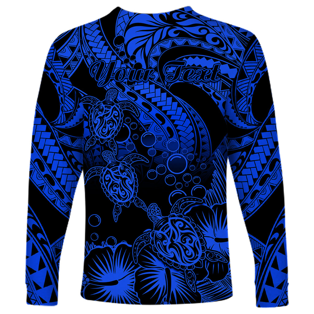 Personalised Polynesian Long Sleeve Shirt Tribal Honu Turtle with Hibiscus Blue Version - Wonder Print Shop