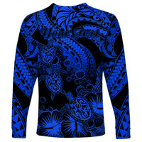 Personalised Polynesian Long Sleeve Shirt Tribal Honu Turtle with Hibiscus Blue Version - Wonder Print Shop
