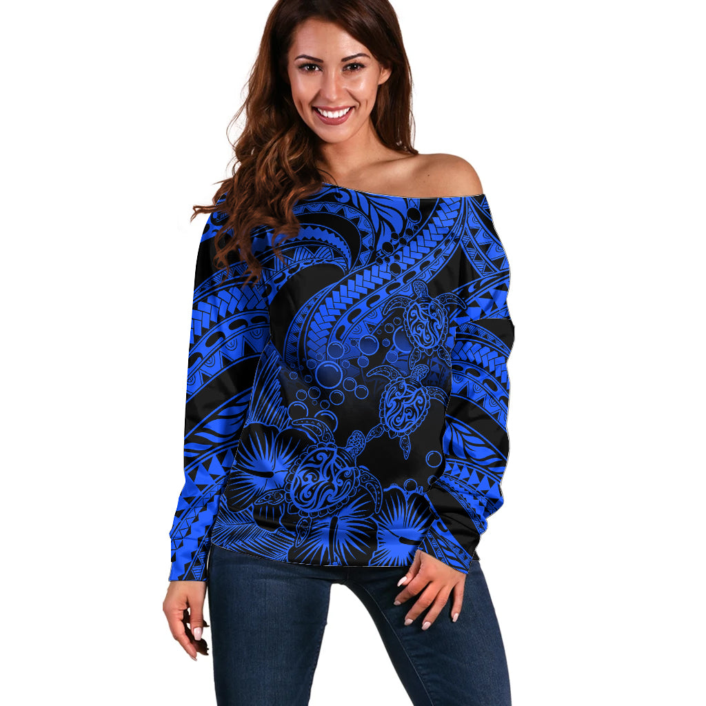 Personalised Polynesian Off Shoulder Sweater Tribal Honu Turtle with Hibiscus Blue Version - Wonder Print Shop