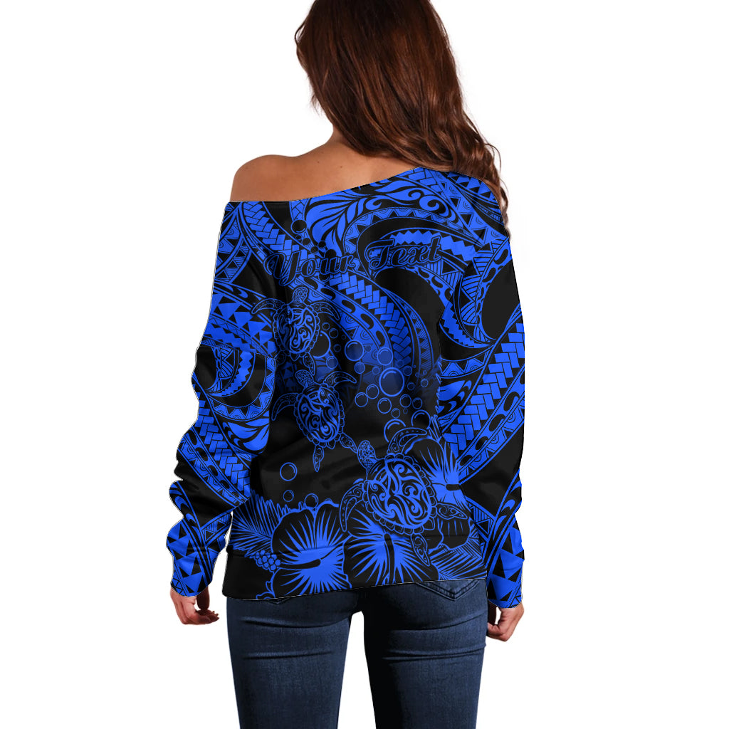 Personalised Polynesian Off Shoulder Sweater Tribal Honu Turtle with Hibiscus Blue Version - Wonder Print Shop