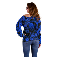 Personalised Polynesian Off Shoulder Sweater Tribal Honu Turtle with Hibiscus Blue Version - Wonder Print Shop