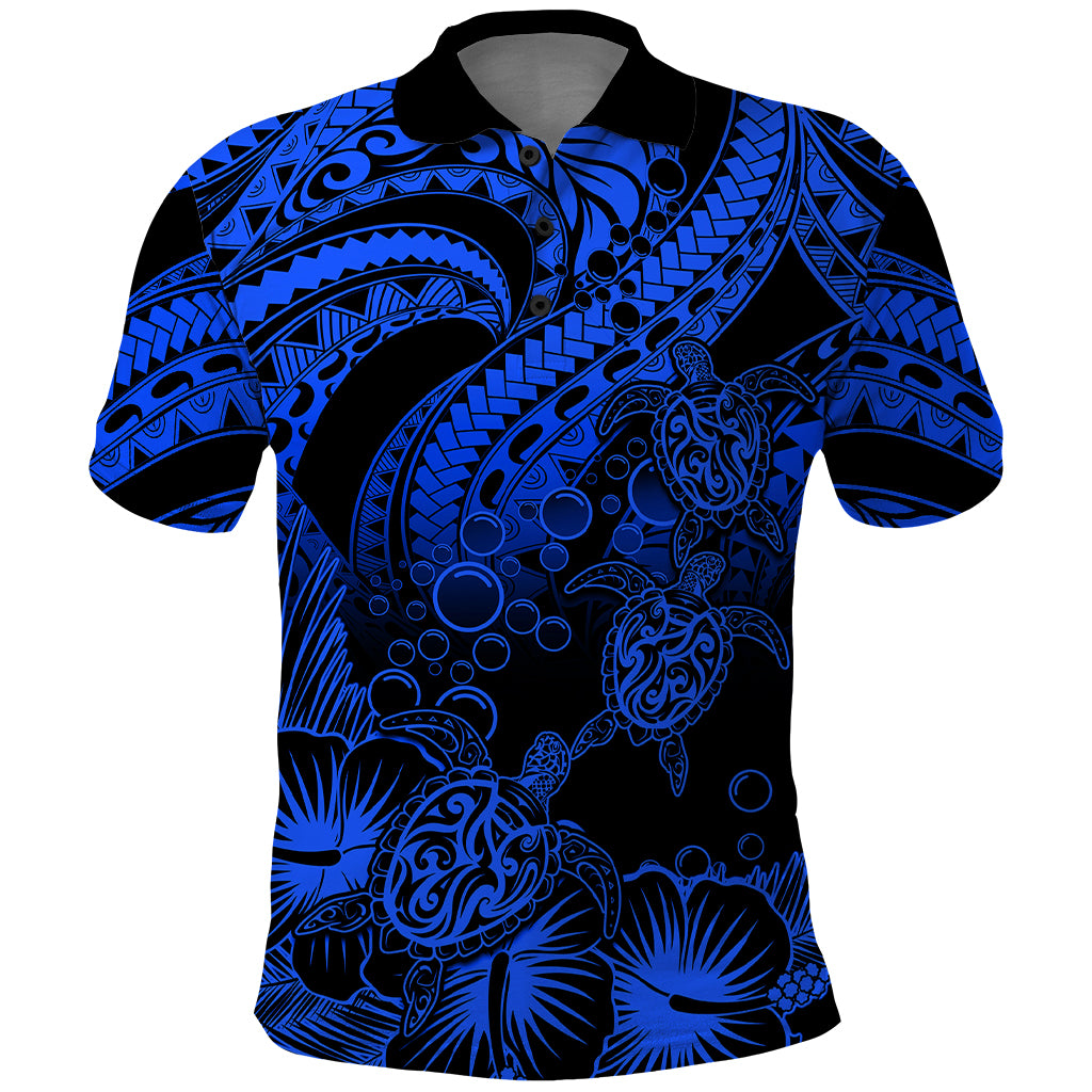 Custom Polynesian Polo Shirt Tribal Honu Turtle with Hibiscus Blue Version - Wonder Print Shop