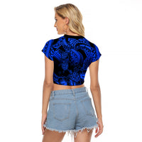 Personalised Polynesian Raglan Cropped T Shirt Tribal Honu Turtle with Hibiscus Blue Version - Wonder Print Shop
