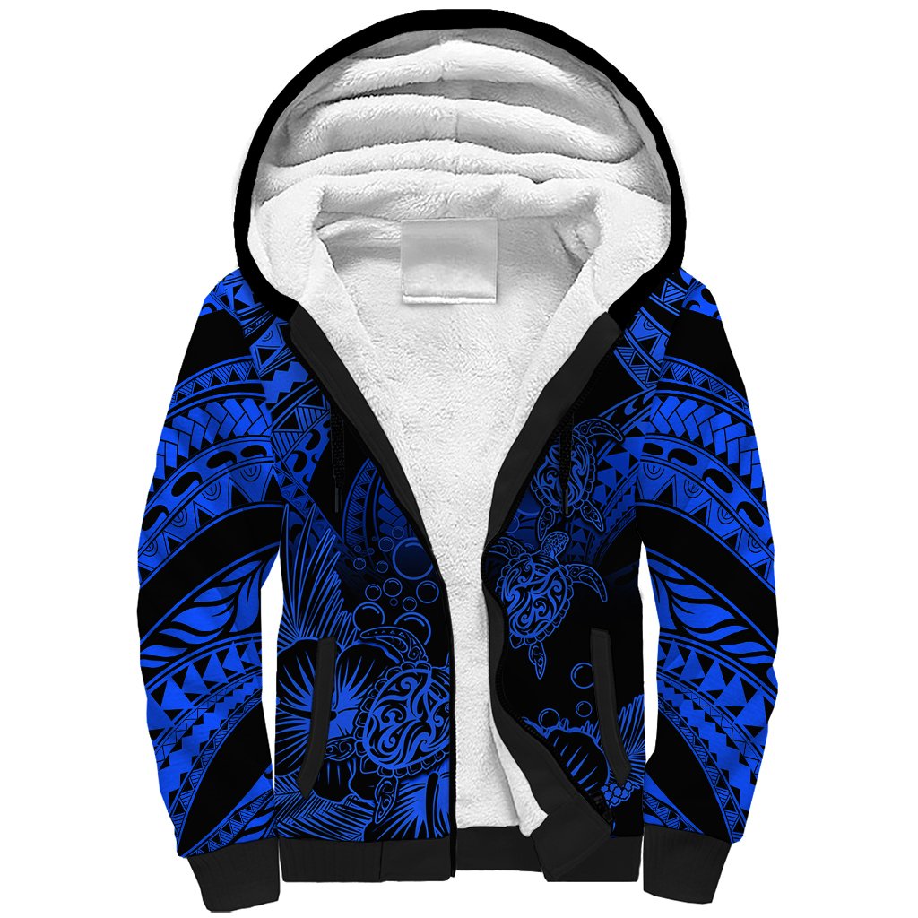 Personalised Polynesian Sherpa Hoodie Tribal Honu Turtle with Hibiscus Blue Version - Wonder Print Shop