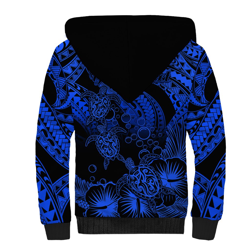 Personalised Polynesian Sherpa Hoodie Tribal Honu Turtle with Hibiscus Blue Version - Wonder Print Shop