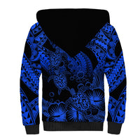 Personalised Polynesian Sherpa Hoodie Tribal Honu Turtle with Hibiscus Blue Version - Wonder Print Shop