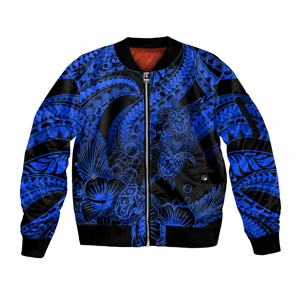 Personalised Polynesian Sleeve Zip Bomber Jacket Tribal Honu Turtle with Hibiscus Blue Version - Wonder Print Shop