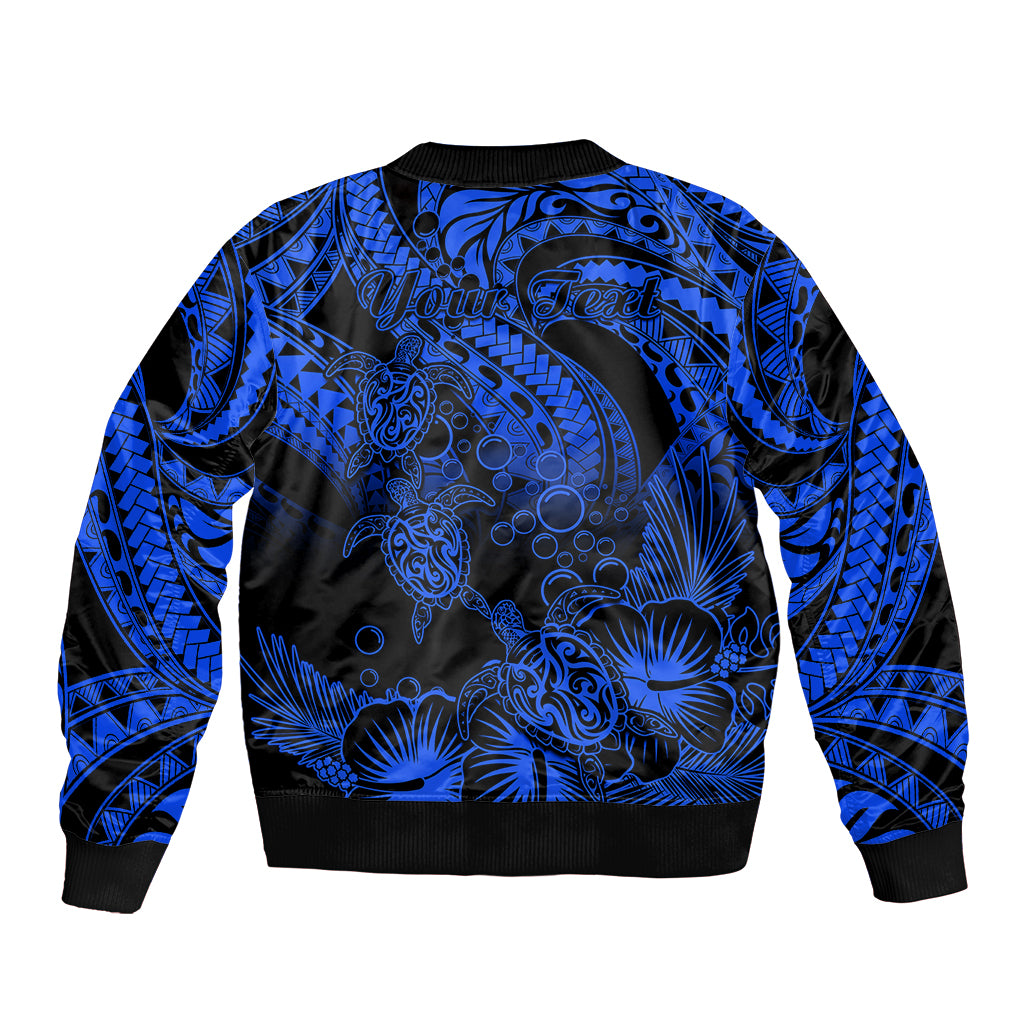 Personalised Polynesian Sleeve Zip Bomber Jacket Tribal Honu Turtle with Hibiscus Blue Version - Wonder Print Shop