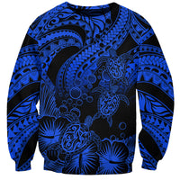 Personalised Polynesian Sweatshirt Tribal Honu Turtle with Hibiscus Blue Version - Wonder Print Shop