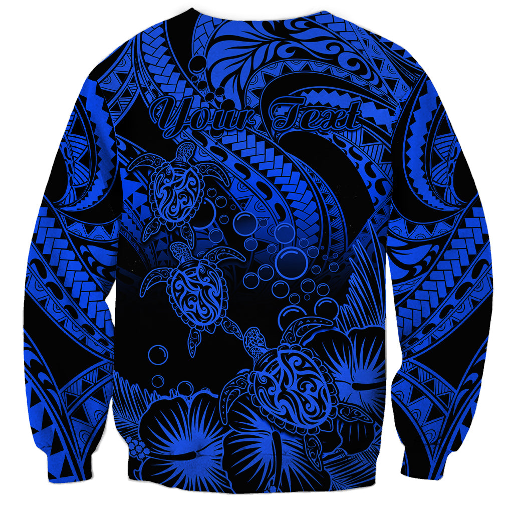 Personalised Polynesian Sweatshirt Tribal Honu Turtle with Hibiscus Blue Version - Wonder Print Shop