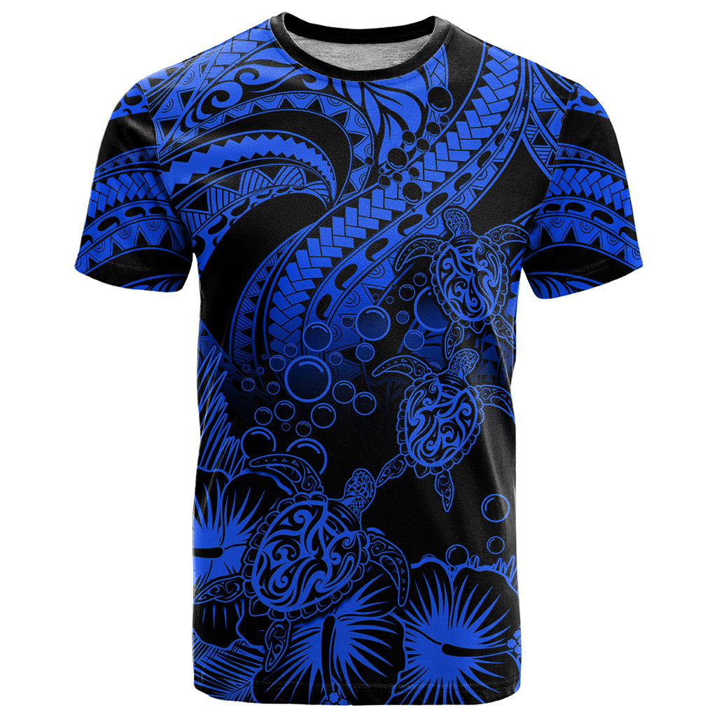 Personalised Polynesian T Shirt Tribal Honu Turtle with Hibiscus Blue Version - Wonder Print Shop