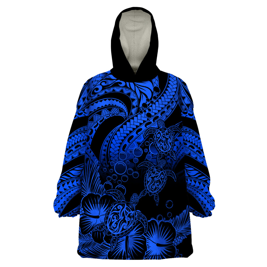 Personalised Polynesian Wearable Blanket Hoodie Tribal Honu Turtle with Hibiscus Blue Version - Wonder Print Shop