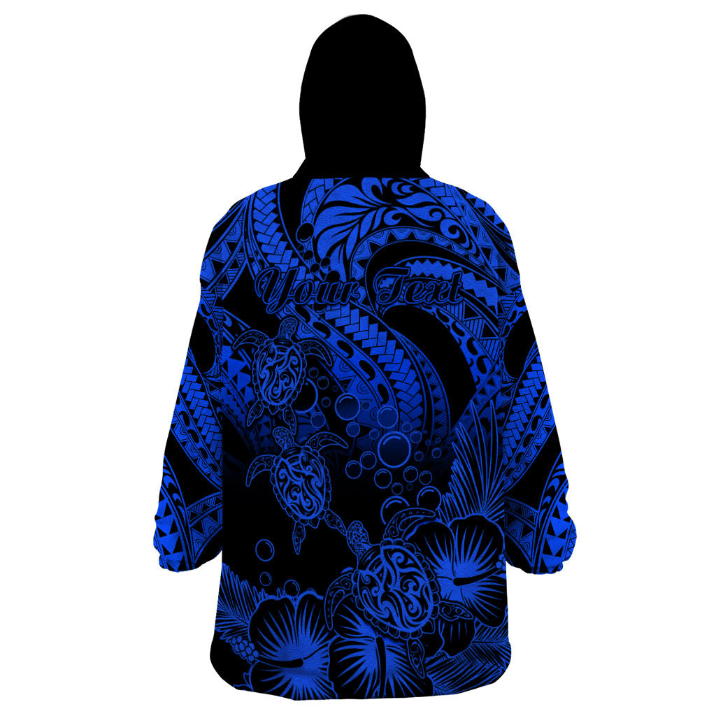 Personalised Polynesian Wearable Blanket Hoodie Tribal Honu Turtle with Hibiscus Blue Version - Wonder Print Shop