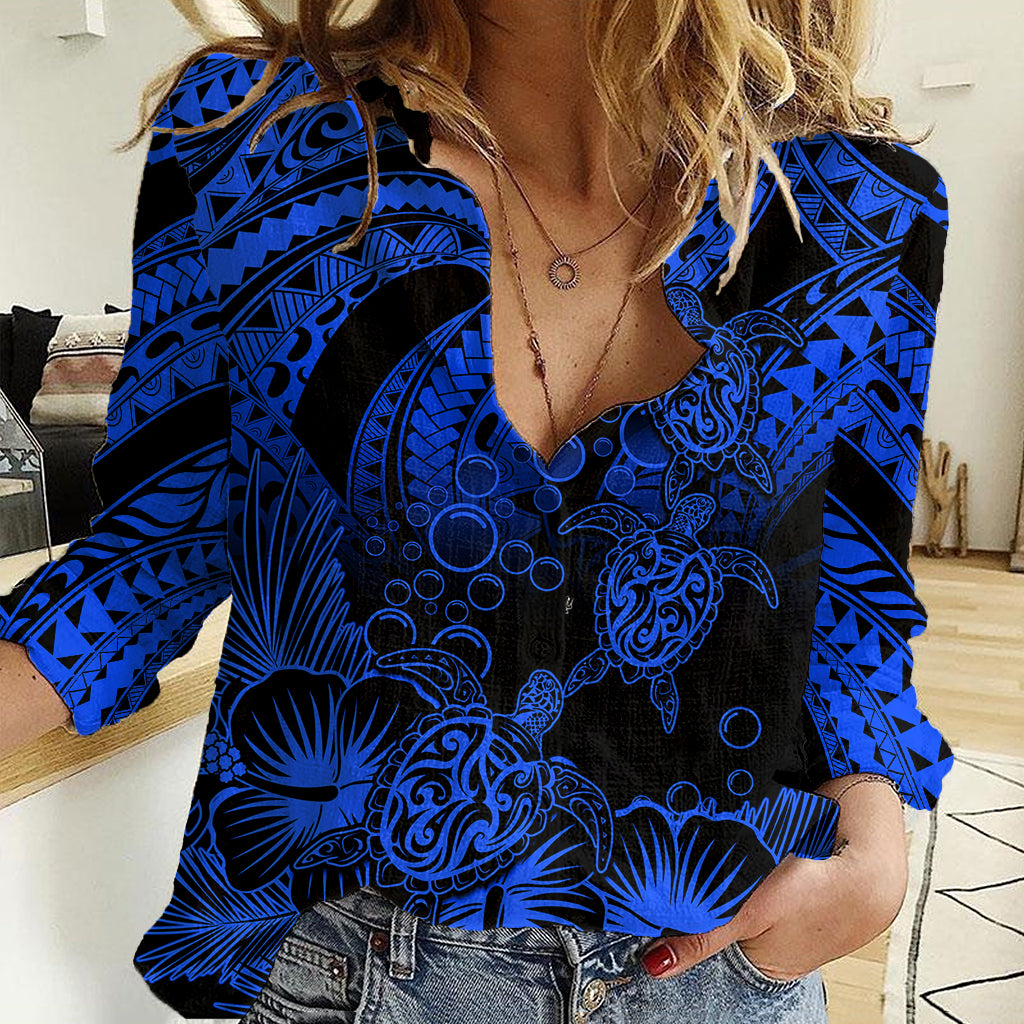 Personalised Polynesian Women Casual Shirt Tribal Honu Turtle with Hibiscus Blue Version - Wonder Print Shop