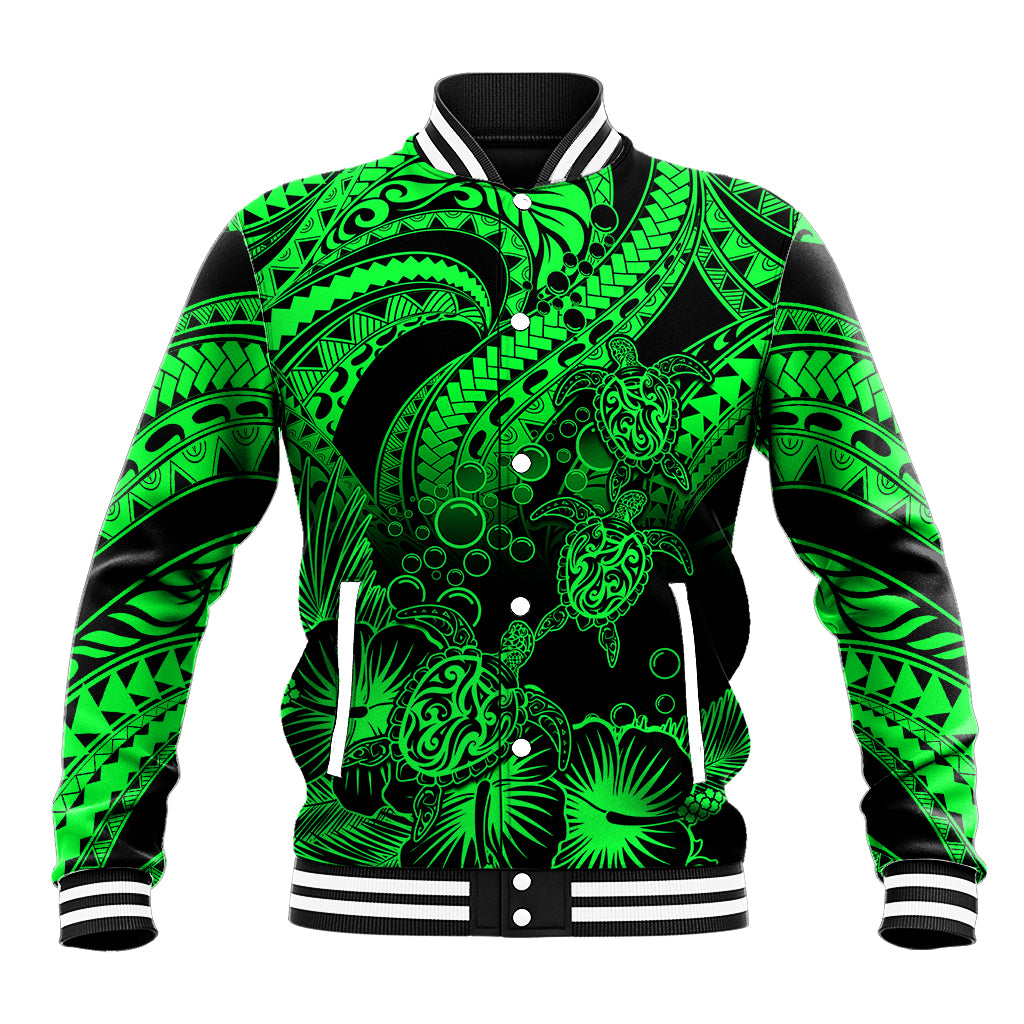 Personalised Polynesian Baseball Jacket Tribal Honu Turtle with Hibiscus Green Version - Wonder Print Shop